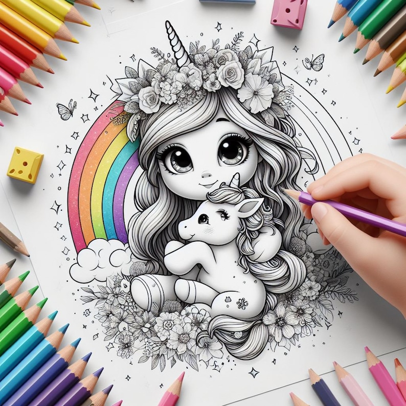 May include: A black and white illustration of a girl with a unicorn. The girl is wearing a flower crown and has long hair. The unicorn is standing on its hind legs and has a horn. The illustration is surrounded by flowers and a rainbow.