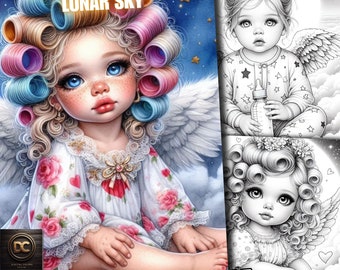 45 Little Angels in a Lunar Sky Coloring Pages, Angel Coloring Book, Angel grayscale for Adults and Kids Download Printable Pdf
