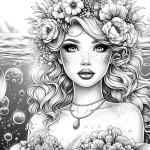 K&ouml;nnte beinhalten: Eine Schwarzwei&szlig;illustration einer Frau mit langen, wallenden Haaren, die eine Blumenkrone tr&auml;gt. Sie tr&auml;gt eine zarte Halskette mit einem Anh&auml;nger und ist von Blasen umgeben.