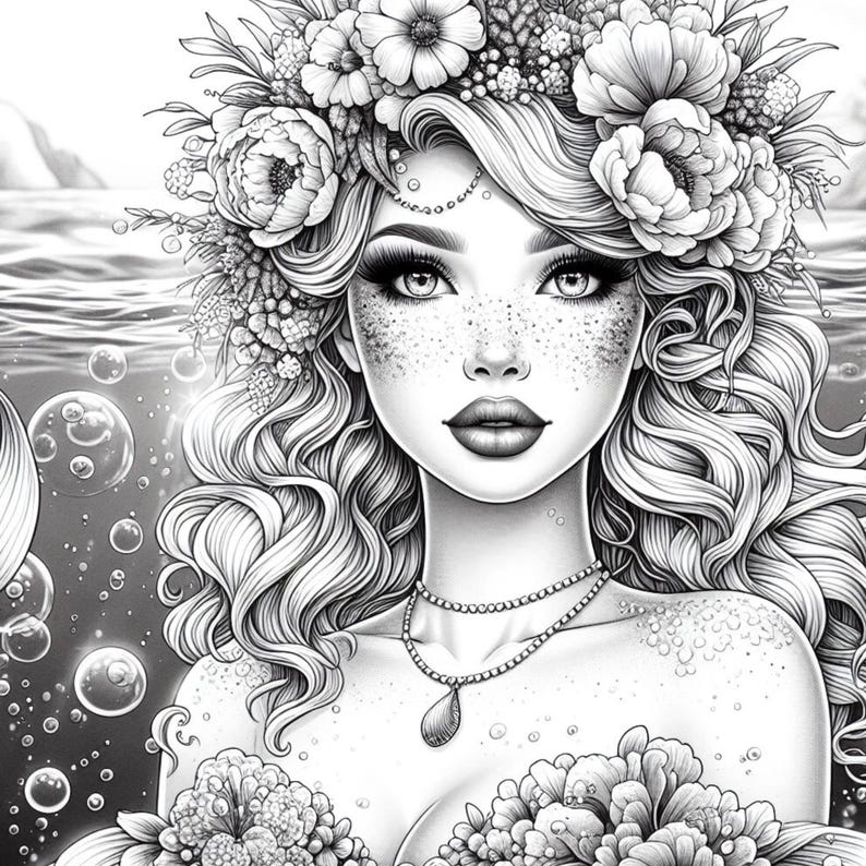 K&ouml;nnte beinhalten: Eine Schwarzwei&szlig;illustration einer Frau mit langen, wallenden Haaren, die eine Blumenkrone tr&auml;gt. Sie tr&auml;gt eine zarte Halskette mit einem Anh&auml;nger und ist von Blasen umgeben.