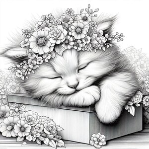 May include: A black and white illustration of a sleeping kitten wearing a flower crown. The kitten is lying on a box with flowers around it.