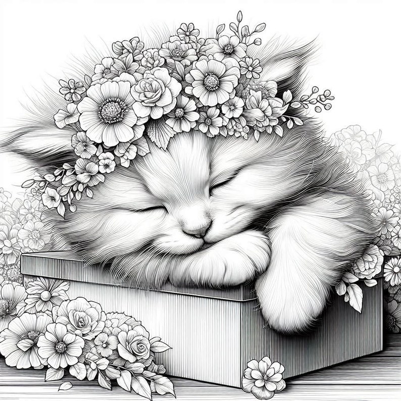 May include: A black and white illustration of a sleeping kitten wearing a flower crown. The kitten is lying on a box with flowers around it.