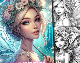 May include: A coloring book featuring a fairy with a flower crown and an umbrella. The fairy has wings and is holding the umbrella in her hand. The book has 40 pages and is titled "Fairy with Umbrella Coloring Book/Pages".