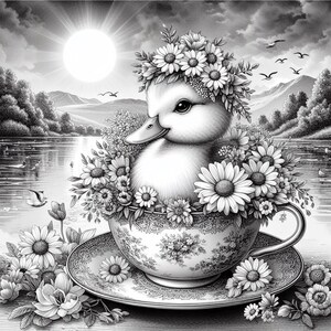 May include: Black and white illustration of a duckling in a floral teacup. The duckling wears a daisy crown and is surrounded by daisies. The teacup and saucer have a floral pattern. The background shows a lake, trees, and mountains.