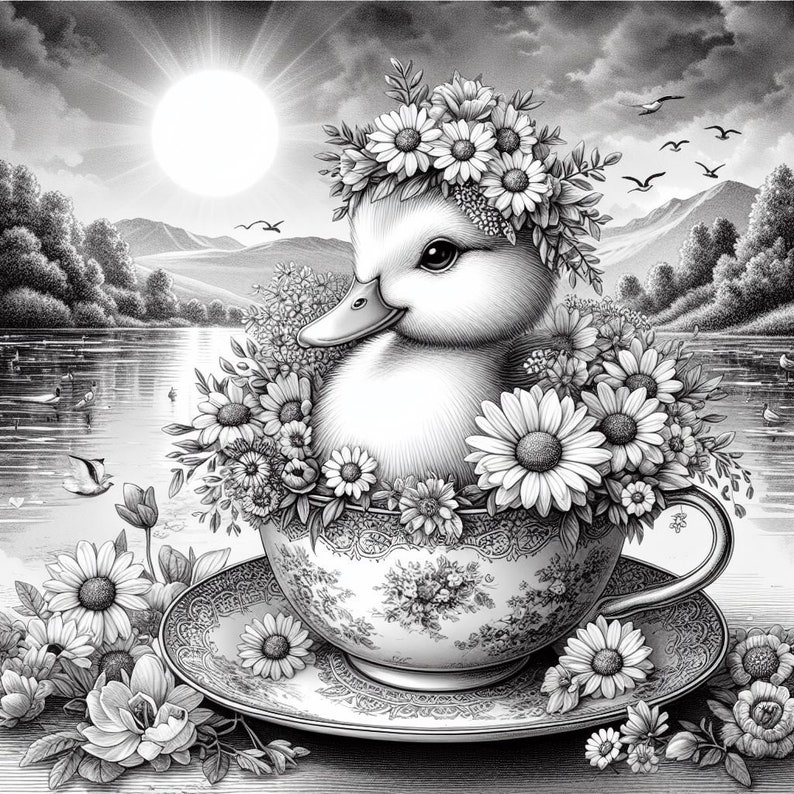 May include: Black and white illustration of a duckling in a floral teacup. The duckling wears a daisy crown and is surrounded by daisies. The teacup and saucer have a floral pattern. The background shows a lake, trees, and mountains.