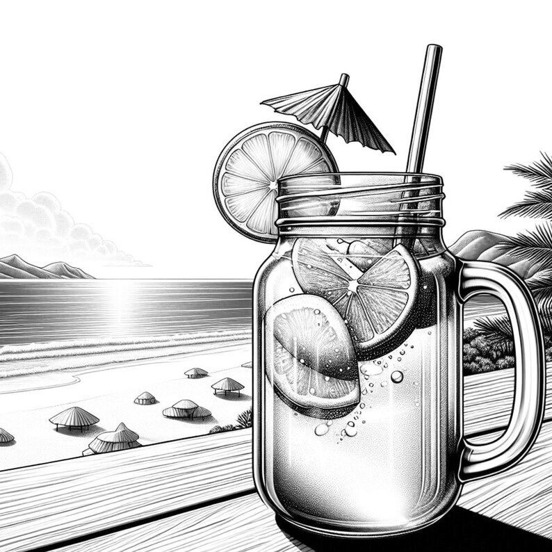 May include: Black and white illustration of a refreshing drink in a mason jar with a handle. The drink is garnished with a lemon slice and a small umbrella. A straw is in the drink. The background shows a beach scene.