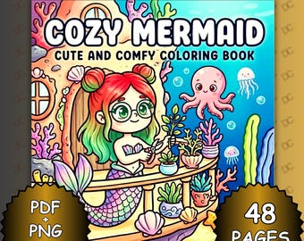 Livro de colorir sereia aconchegante, páginas para colorir de sereia fofas e fáceis de colorir, livro de colorir fantasia oceânica, livro de colorir aconchegante e fofo estilo Coco Wyo PDF PNG
