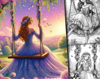 45 Cute Princess Fantasy Swing Coloring Pages Book Sheet Fairytale Princesse Cinderella for Girls Adults & Kids Grayscale Download Printable