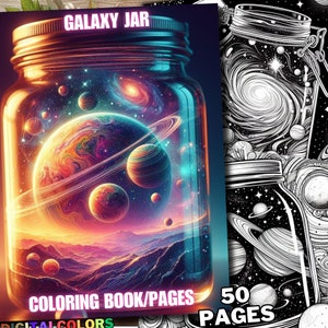 Puede incluir: Un libro para colorear con una galaxia dentro de un frasco en la portada. El título es "Galaxy Jar" y también se puede ver el texto "Coloring Book/Pages" y "50 Pages".