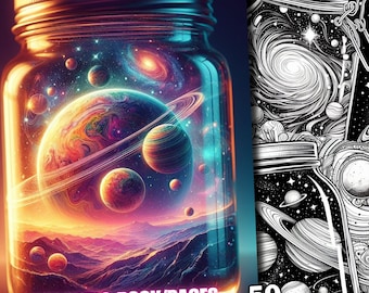 Livro para colorir de 50 potes espaciais, páginas para colorir de planetas em uma jarra para impressão, livro para colorir celestial em escala de cinza fantasia, astros para adultos e crianças
