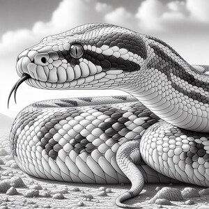 May include: Detailed black and white illustration of a snake. The snake's head is in profile, with its forked tongue extended. The body is coiled, showing intricate scale patterns. The background is a simple sky and rocky ground.