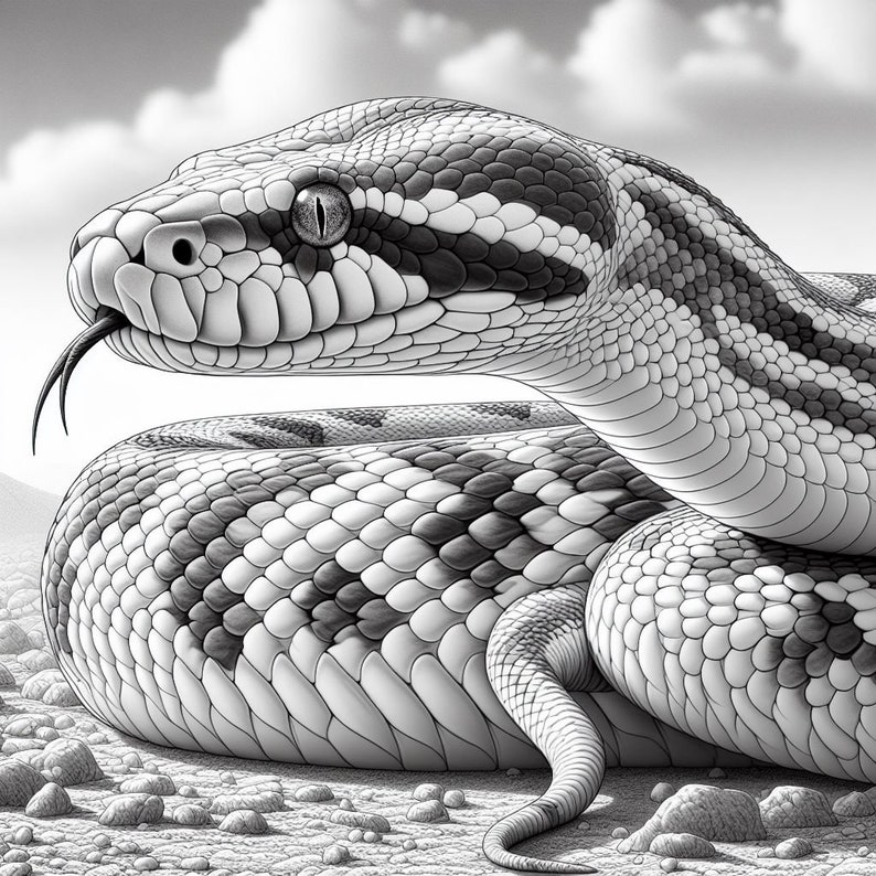 May include: Detailed black and white illustration of a snake. The snake's head is in profile, with its forked tongue extended. The body is coiled, showing intricate scale patterns. The background is a simple sky and rocky ground.