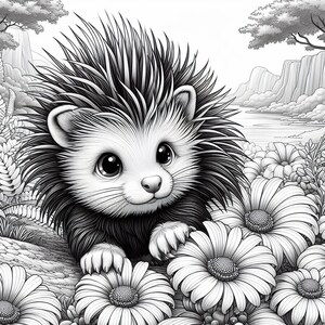 May include: A black and white illustration of a cute hedgehog with big eyes, surrounded by daisies. The hedgehog is looking directly at the viewer.