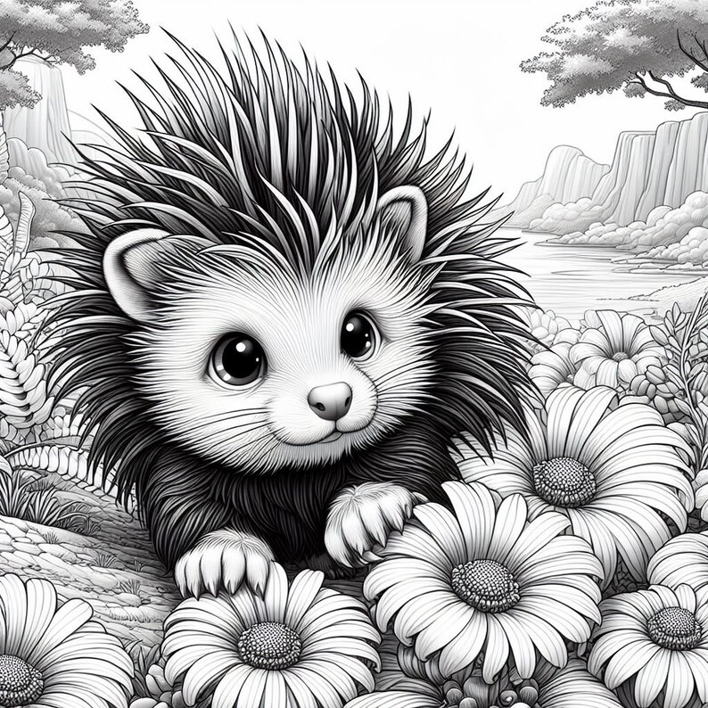 May include: A black and white illustration of a cute hedgehog with big eyes, surrounded by daisies. The hedgehog is looking directly at the viewer.