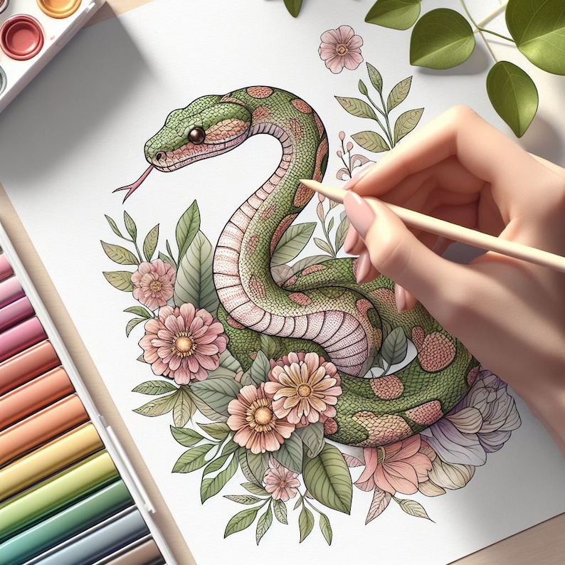 May include: A detailed illustration of a snake with green and brown scales, surrounded by pink and peach flowers and green leaves. A hand is holding a pencil, adding color to the drawing. The artwork is on white paper, with a watercolor palette and colored pencils visible.