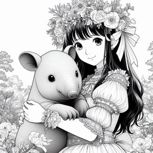 May include: A black and white illustration of a young woman with long black hair wearing a flower crown and a white dress. She is holding a small, furry animal with a long snout.