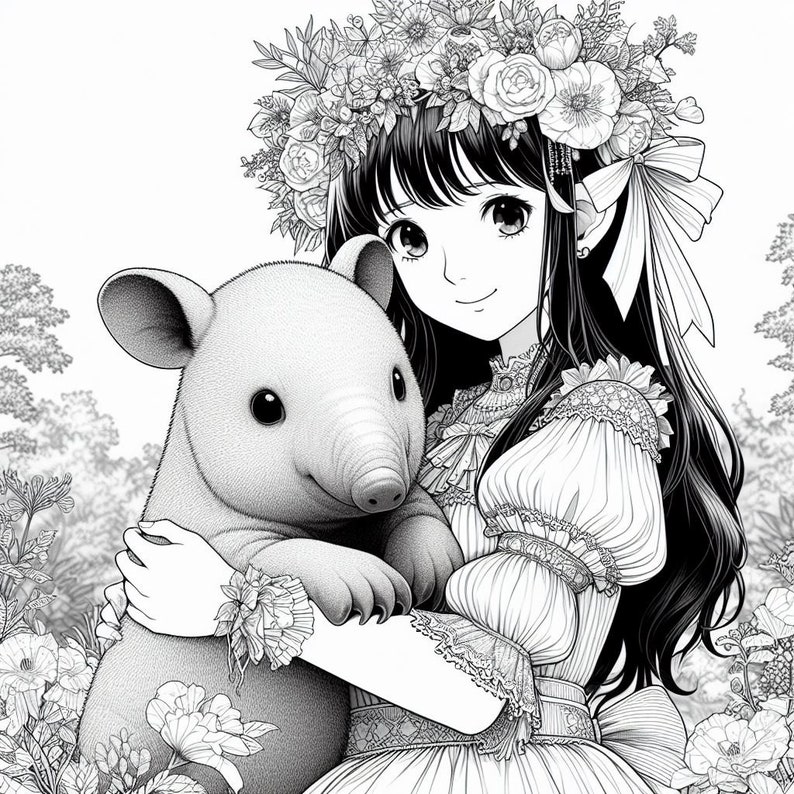 May include: A black and white illustration of a young woman with long black hair wearing a flower crown and a white dress. She is holding a small, furry animal with a long snout.