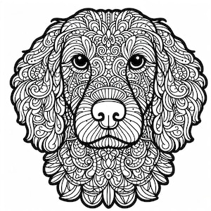 May include: Black and white line art illustration of a dog's head with intricate patterns and swirls. The dog's eyes, nose, and mouth are detailed.