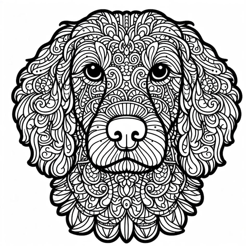May include: Black and white line art illustration of a dog's head with intricate patterns and swirls. The dog's eyes, nose, and mouth are detailed.
