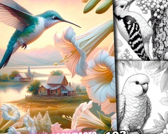 103 Bundle Birds Coloring Pages, Bird Coloring Book, Spring Animal Coloring Pages, Grayscale for Adults and Kids Download Printable