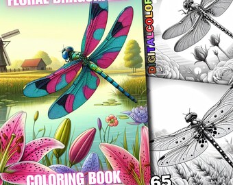 65 páginas para colorir de libélulas florais, livro de colorir para impressão de libélulas de flores, designs em escala de cinza de qualidade para adultos, crianças e alívio do estresse