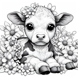 Puede incluir: Ilustraci&oacute;n en blanco y negro de un ternero con ojos grandes, rodeado de margaritas y otras flores. El ternero tiene una corona floral y un pelaje manchado. La imagen es un dibujo lineal detallado, ideal para libros para colorear o decoraci&oacute;n infantil.