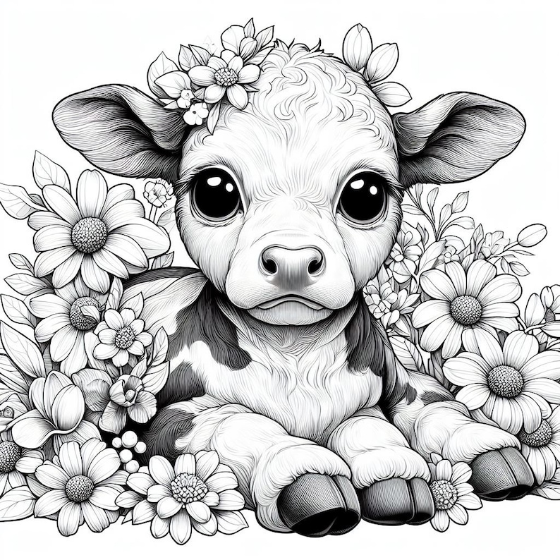 Puede incluir: Ilustraci&oacute;n en blanco y negro de un ternero con ojos grandes, rodeado de margaritas y otras flores. El ternero tiene una corona floral y un pelaje manchado. La imagen es un dibujo lineal detallado, ideal para libros para colorear o decoraci&oacute;n infantil.