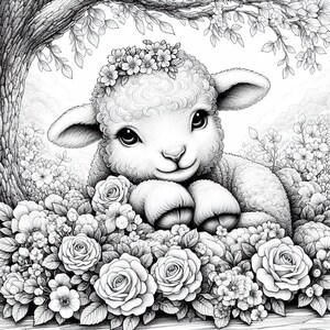 May include: A black and white illustration of a cute lamb with a flower crown, peeking out from behind a bed of roses and other flowers.