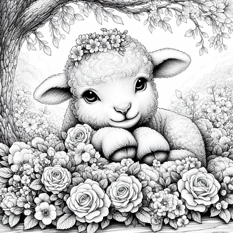 May include: A black and white illustration of a cute lamb with a flower crown, peeking out from behind a bed of roses and other flowers.