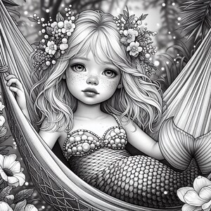 May include: A black and white illustration of a mermaid with long flowing hair, wearing a seashell bra and relaxing in a hammock. The mermaid has a flower crown on her head.