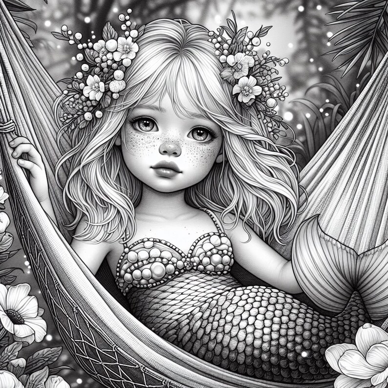May include: A black and white illustration of a mermaid with long flowing hair, wearing a seashell bra and relaxing in a hammock. The mermaid has a flower crown on her head.