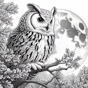 May include: A black and white illustration of an owl perched on a branch with a full moon in the background.