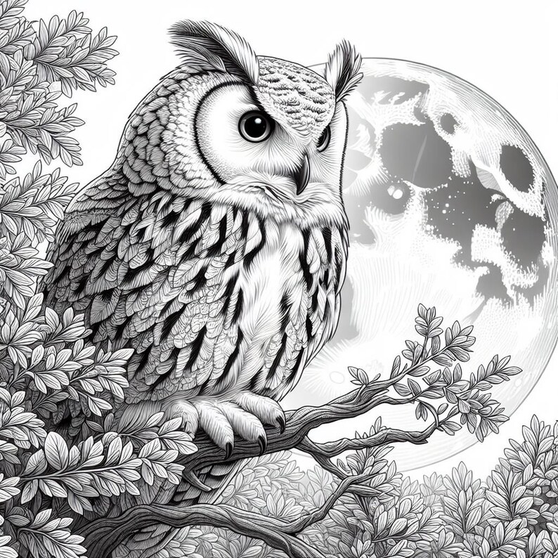 May include: A black and white illustration of an owl perched on a branch with a full moon in the background.