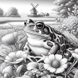May include: A black and white illustration of a frog sitting in a field of flowers. The frog has a spotted pattern on its back and is looking to the left. The background includes a windmill and a small village.