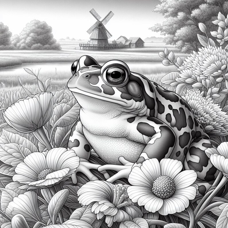May include: A black and white illustration of a frog sitting in a field of flowers. The frog has a spotted pattern on its back and is looking to the left. The background includes a windmill and a small village.