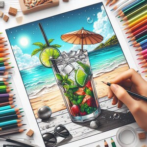 May include: A colorful drawing of a refreshing cocktail on a beach. The drink is in a tall glass with ice, lime, mint, and strawberries, topped with a paper umbrella. Sunglasses and a pencil are also visible.