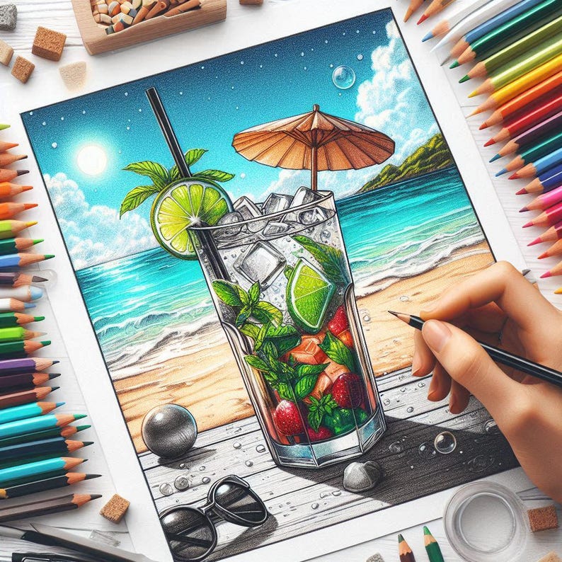 May include: A colorful drawing of a refreshing cocktail on a beach. The drink is in a tall glass with ice, lime, mint, and strawberries, topped with a paper umbrella. Sunglasses and a pencil are also visible.