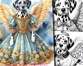 45 cane angelo dalmata, cani angelo dalmata libro da colorare, pagine da colorare in scala di grigi per bambini adulti Scarica stampabile