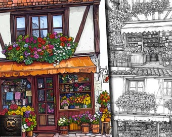May include: A colorful illustration of a flower shop with an orange awning and a variety of flowers in pots and window boxes. The text "FLOWERS SHOP 2" is at the top, and "COLORING BOOK/PAGES 65 PAGES" is at the bottom.