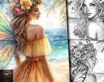 50 Summer Fairy Coloring Pages, Fairy Coloring Book, Enchanted Fairies Coloring Grayscale Fantasy for Adults & Kids Download Printable Pdf