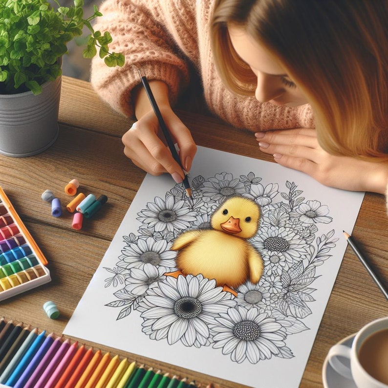 May include: A black and white coloring page featuring a cute yellow duckling surrounded by flowers. The duckling is sitting in the center of the page, with its head tilted to the side. The flowers are arranged around the duckling in a circular pattern. A person is coloring the page with a pencil.