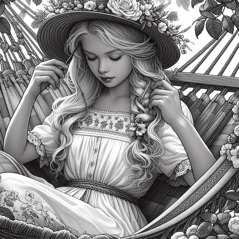 53 Flower Girl in Hammock Coloring, Floral Woman Coloring Pages, Women