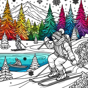 May include: Black and white illustration of skiers on a snowy mountain slope. The scene includes colorful trees in shades of red, orange, yellow, green, and purple, with a lake and falling snowflakes. The skiers are wearing winter gear.