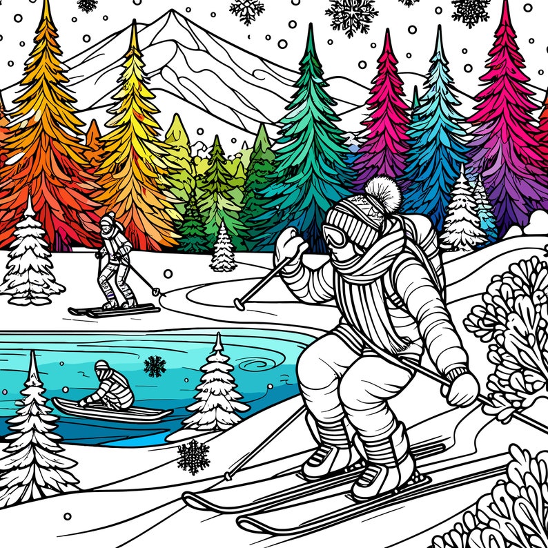 May include: Black and white illustration of skiers on a snowy mountain slope. The scene includes colorful trees in shades of red, orange, yellow, green, and purple, with a lake and falling snowflakes. The skiers are wearing winter gear.