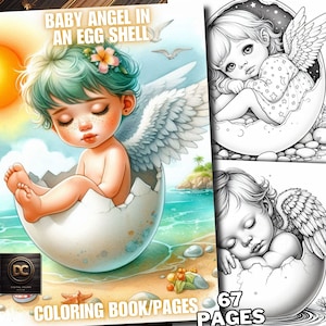 67 Baby Angel in an Eggshell Coloring Pages, Angels Coloring Book, Little Girl Fantasy Grayscale for Adults & Kids Download Printable Pdf