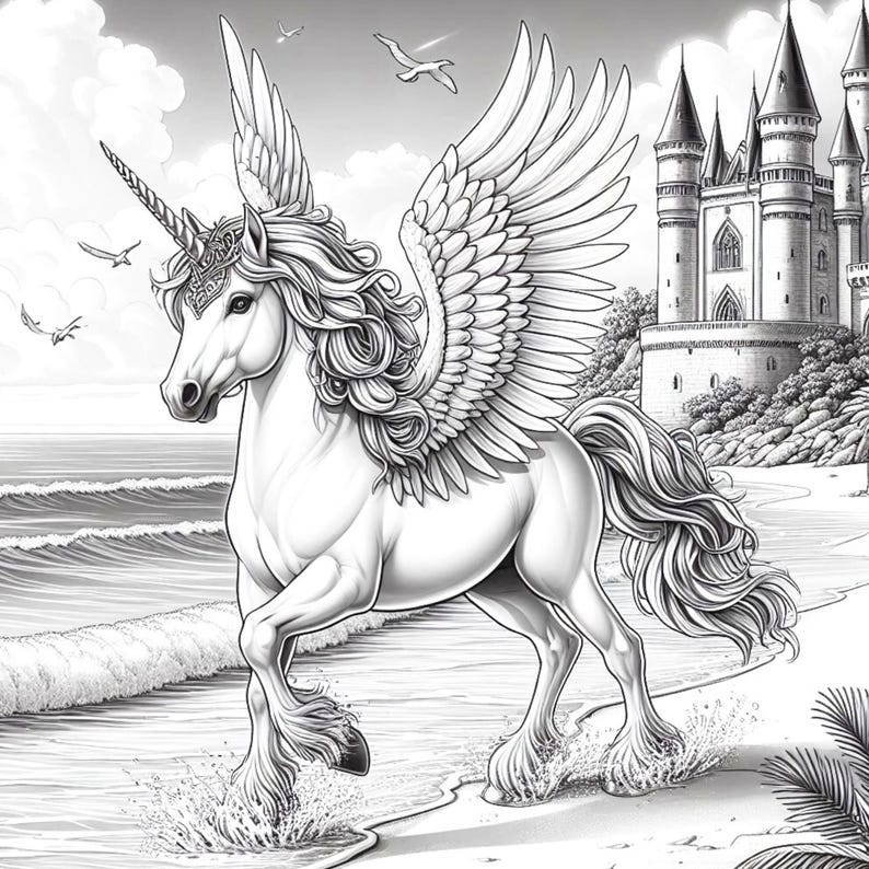 40 Summer Unicorn Coloring Pages, Unicorn Coloring Book, Enchanted & Magical Unicorns Fantasy Grayscale Coloring Adult Kids Printable Pdf image 2