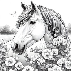 May include: A black and white drawing of a horse's head with its mane flowing. The horse is surrounded by delicate flowers.