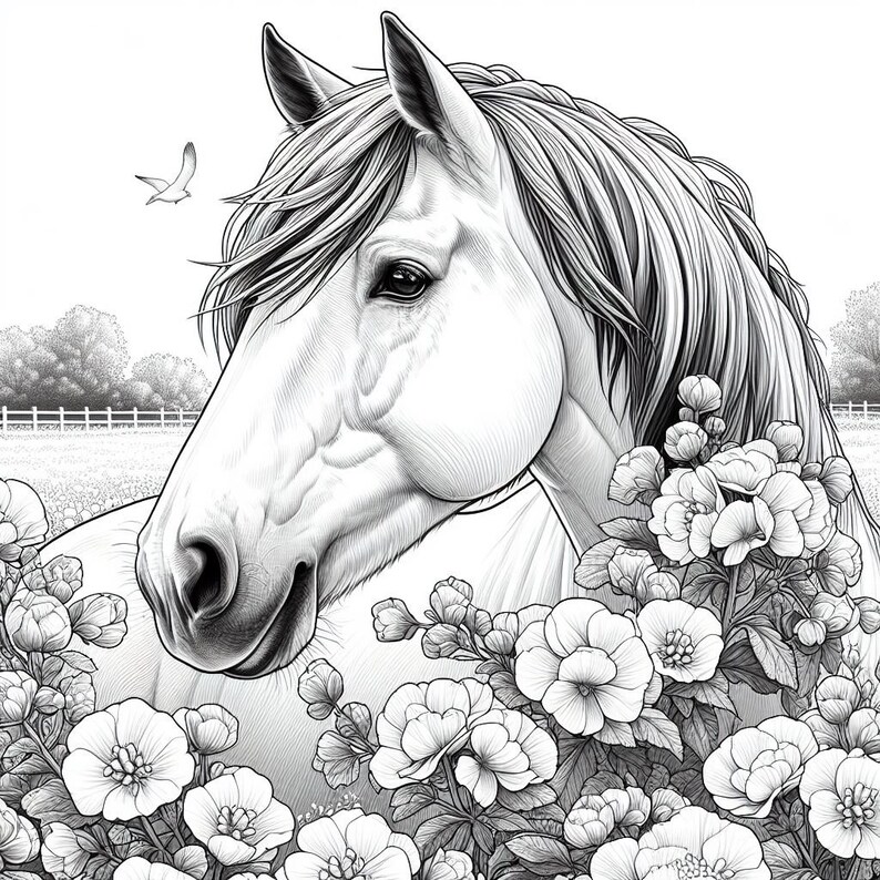 May include: A black and white drawing of a horse's head with its mane flowing. The horse is surrounded by delicate flowers.