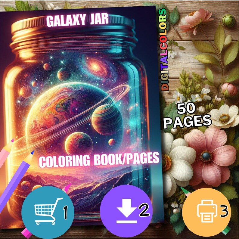 May include: A galaxy jar coloring book with 50 pages. The cover features a colorful illustration of a galaxy inside a glass jar. The book is available for purchase, download, or printing.