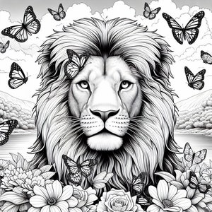 May include: A black and white illustration of a lion's head with a majestic mane. The lion is surrounded by a variety of flowers and butterflies.